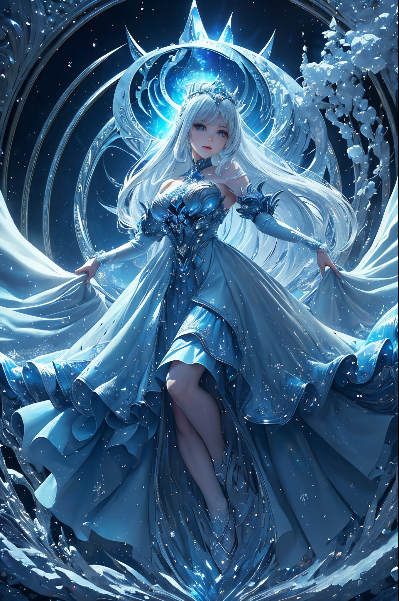 platinum tone、((​masterpiece)))、(((top-quality)))、((ultra-detailliert))、(A hyper-realistic)、(highly detailed CGillustration）、light Particle、Halo、Official art、Fractal Art、Geometry learned、Abstract background、Moscow at the beginning of the 20th century、blizzard、Full body luminescence、Queen of snow、Cool Beauty、Adult woman in her 40s、Slender eyes、sharp gaze、sapphire eyes、sophisticated menegance、Gorgeous beauty、Activation of blizzard magic that freezes everything、gorgeous dress、diamond encrusted solo、Perfect Angle、perfect-composition、dynamicposes