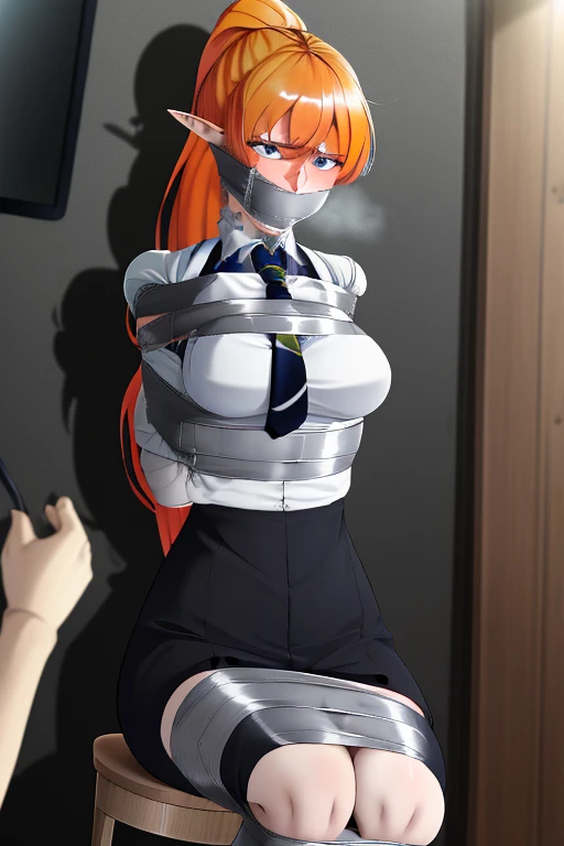 Cabedon, pov、Overlapping hands,suprisedextremely detailed 8k wallpaper, Ultrarealistic, sharp focus, masterpiece, ultra-detailed, high resolution, smooth, video game cut scene, close up, various angles, ung female elf warrior with a very detailed long hair, ((intricate hairstyle:1.3)), half up half down pony tail, (((ginger hair))), pale skin, wearing ripped leather armor, damaged armor, detailed face, focus on face, detailed face, perfect skin, beautiful, Insanely detailed, close up, taped mouth, ((tape gag: 1.3)), wrap around tape gag, ((gagged)), arms bound behind back, elbows taped, wrists taped, desperate struggle, thrashing, arched back, chair tied, (tie up tape: 1.2), roped to chair, frightened, pleading eyes, stalker, kidnapped, true crime, dirty basement, tense atmosphere, peril, impending, panicking, anime, masterpiece