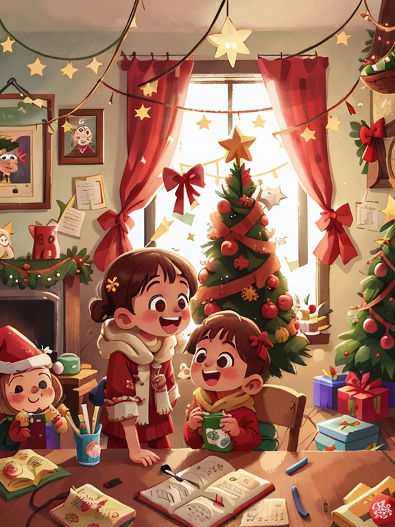 Winters，Christmas illustration，Two children decorating Christmas tree，gifts，Happy，Smiling，cheerfulnesedium shot，8K