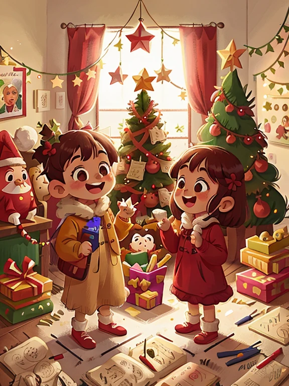 Winters,Christmas illustration,Two children decorating Christmas tree,gifts,Happy,Smiling,cheerfulnesedium shot,8K
