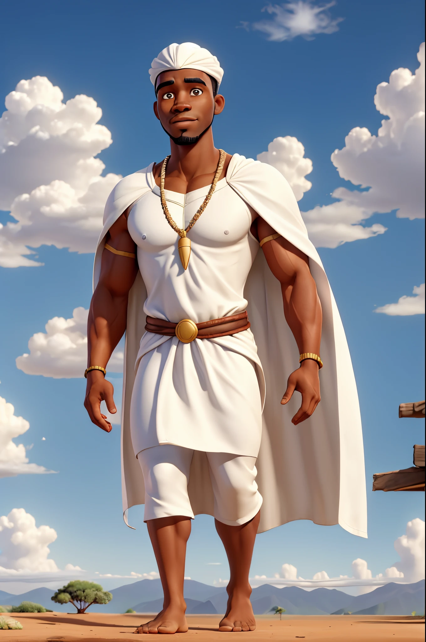 30-year-old muscular African man, barefoot, wearing a white tunic and cape, in front of the clouds