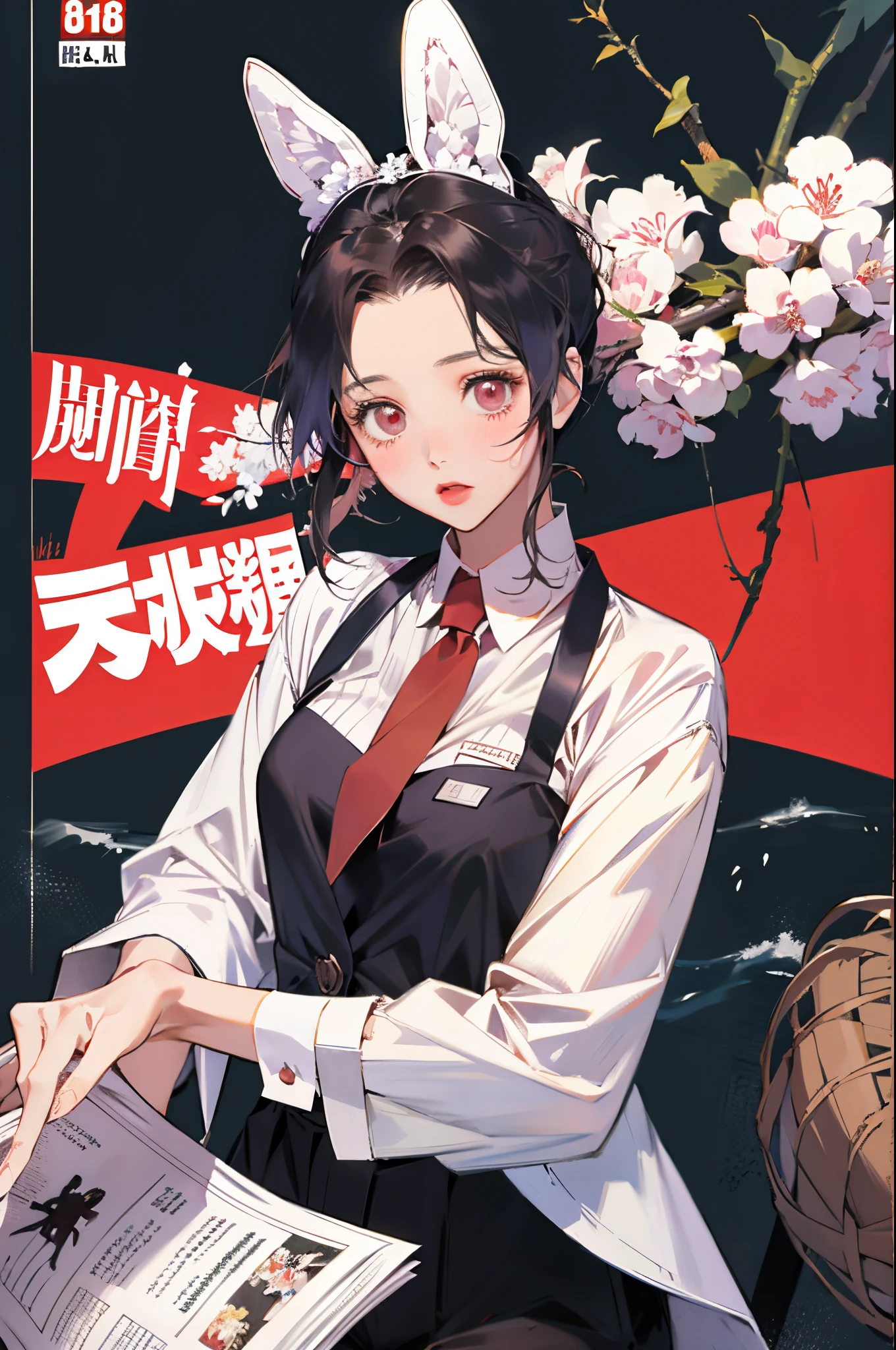 Mai Sakurajima,rabbits,校服,white shirt,conservative,With a touch of life,red necktie,Ocean park,Comic cover style,Comic cover title,8K