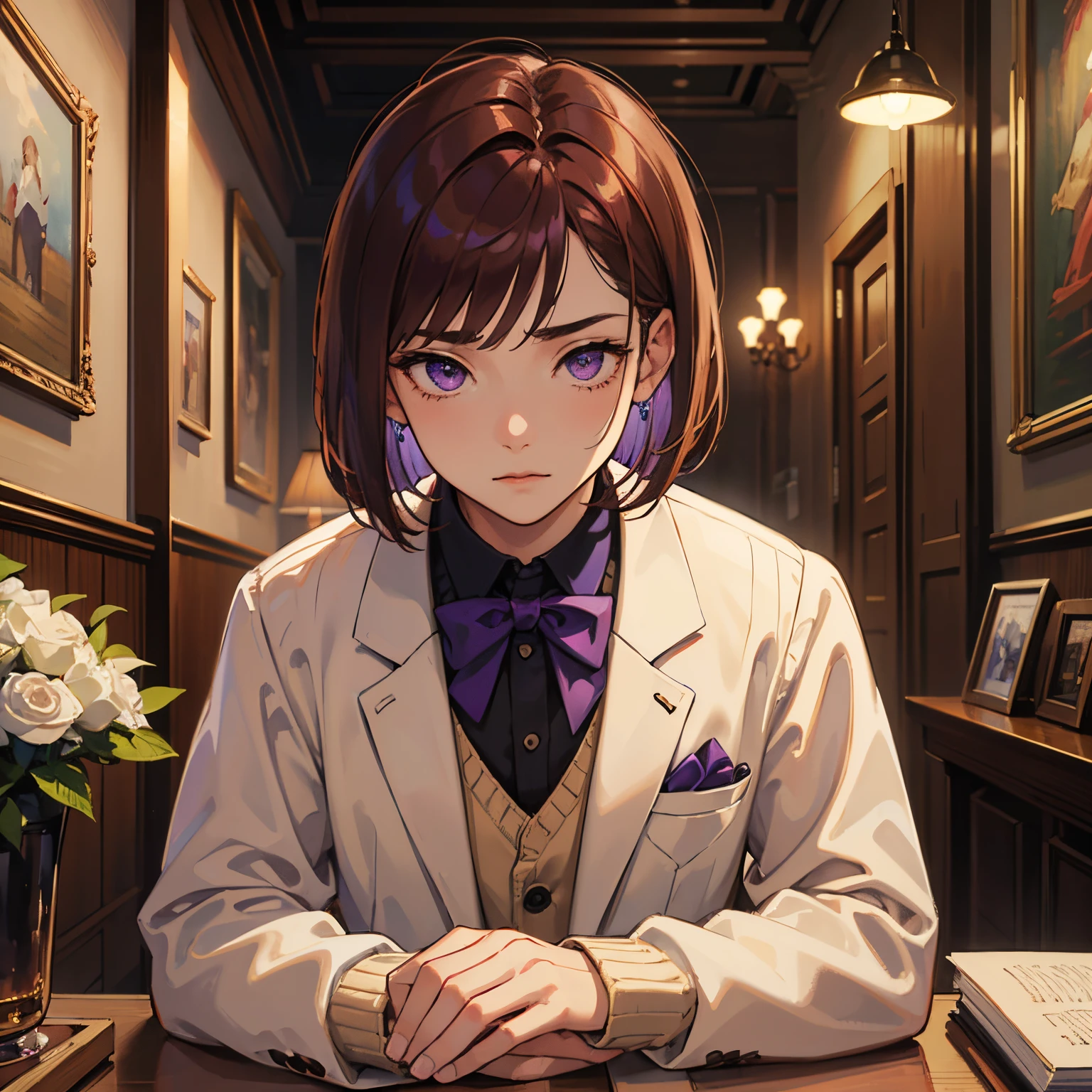 masterpiece、top-quality、Perfect body、delicate facial details、full bodyesbian、1 boy、独奏、Strong、Purple eyes、(Chestnut hair:1.3、chestnut bob hair)、student clothes、blazers、Beige knitted vest