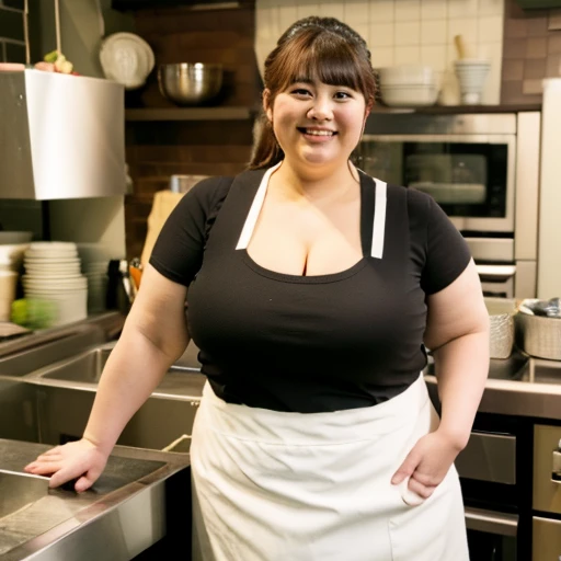 Super obese female clerk、400 lbs very obese、Very obese Japanese woman with monster big breasts in her 50s with brown hair., Apron Super obese and short tchibi
