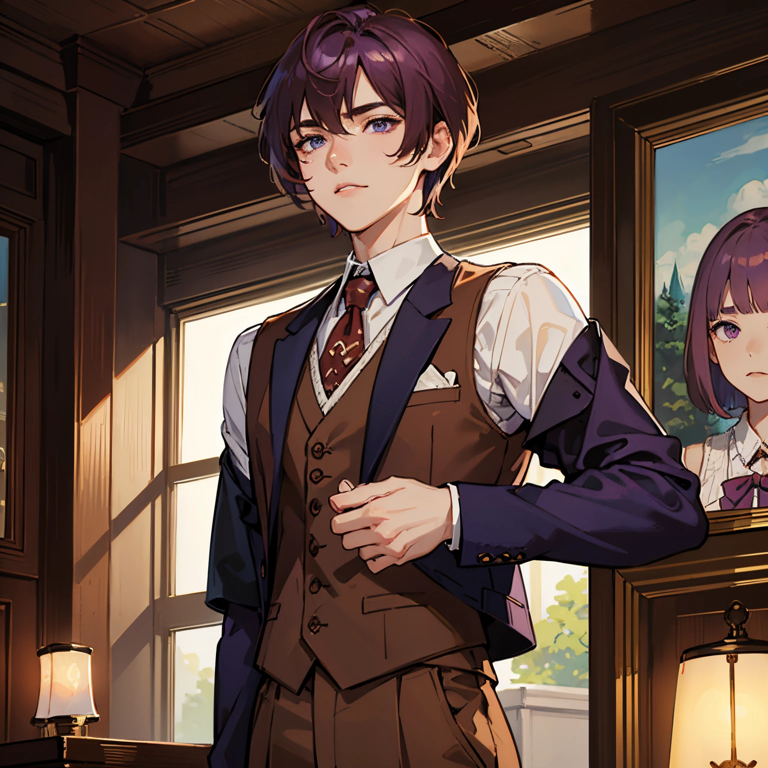masterpiece、top-quality、Perfect body、delicate facial details、full bodyesbian、1 boy、独奏、Strong、Purple eyes、(Chestnut hair:1.3、chestnut bob hair)、student clothes、blazers、Beige knitted vest