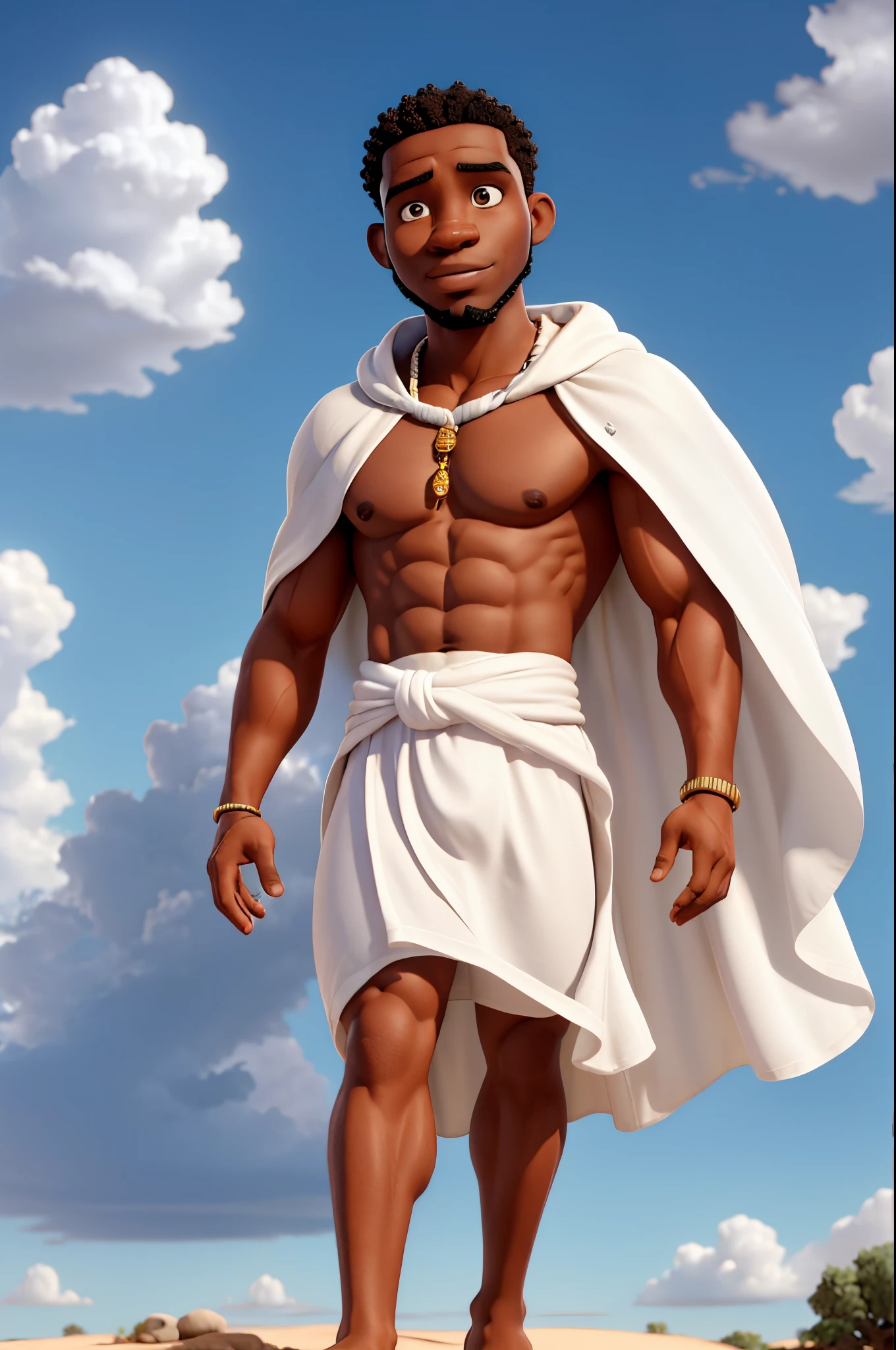 30-year-old muscular African man, barefoot, wearing a white tunic and cape, in front of the clouds