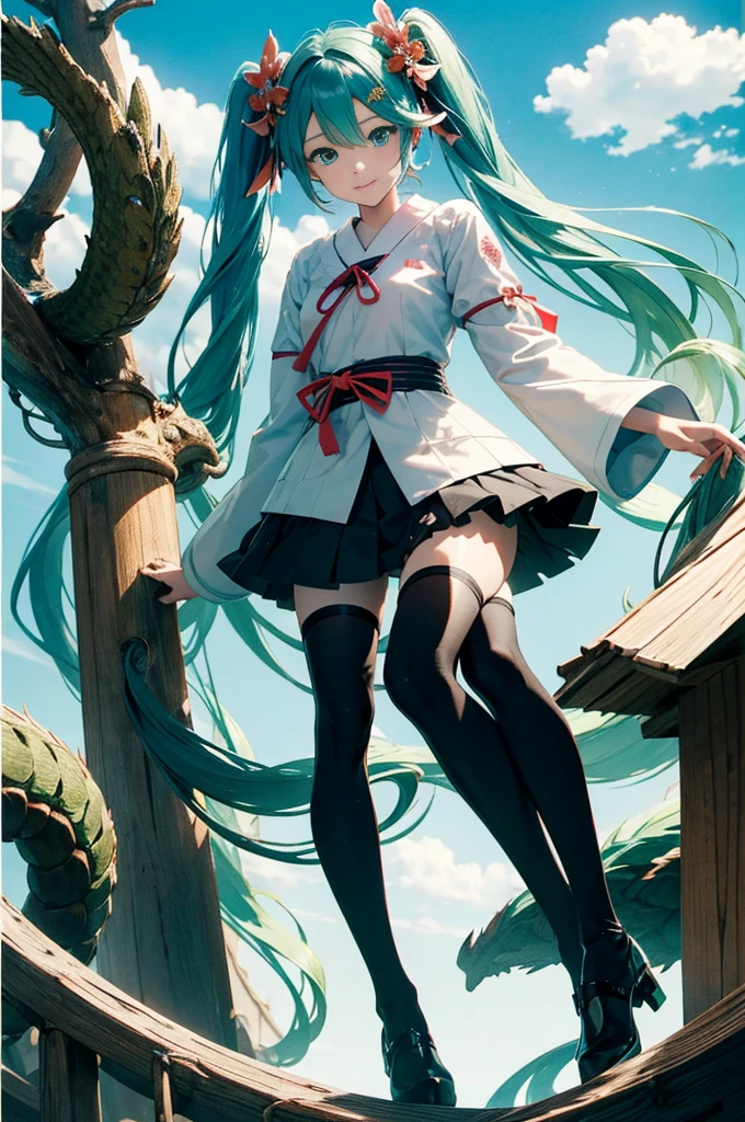 high-level image quality,Full limbs,complete face,complete fingers,miku hatsune,Japanese dress,shrines,kyoto,Dragon in the sky,Little Dragon,The dragon,dragon pokemon,