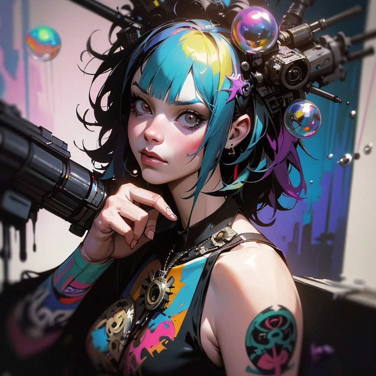 samdoesarts style drunken beautiful woman as delirium from sandman, (hallucinating colorful soap bubbley jeremy mann, by sandra chevrier, by dave mckean and richard avedon and maciej kuciara, punk rock, tank girl, high detailed, 8k