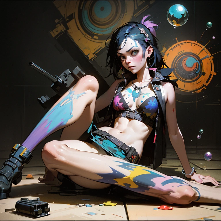 samdoesarts style drunken beautiful woman as delirium from sandman, (hallucinating colorful soap bubbley jeremy mann, by sandra chevrier, by dave mckean and richard avedon and maciej kuciara, punk rock, tank girl, high detailed, 8k