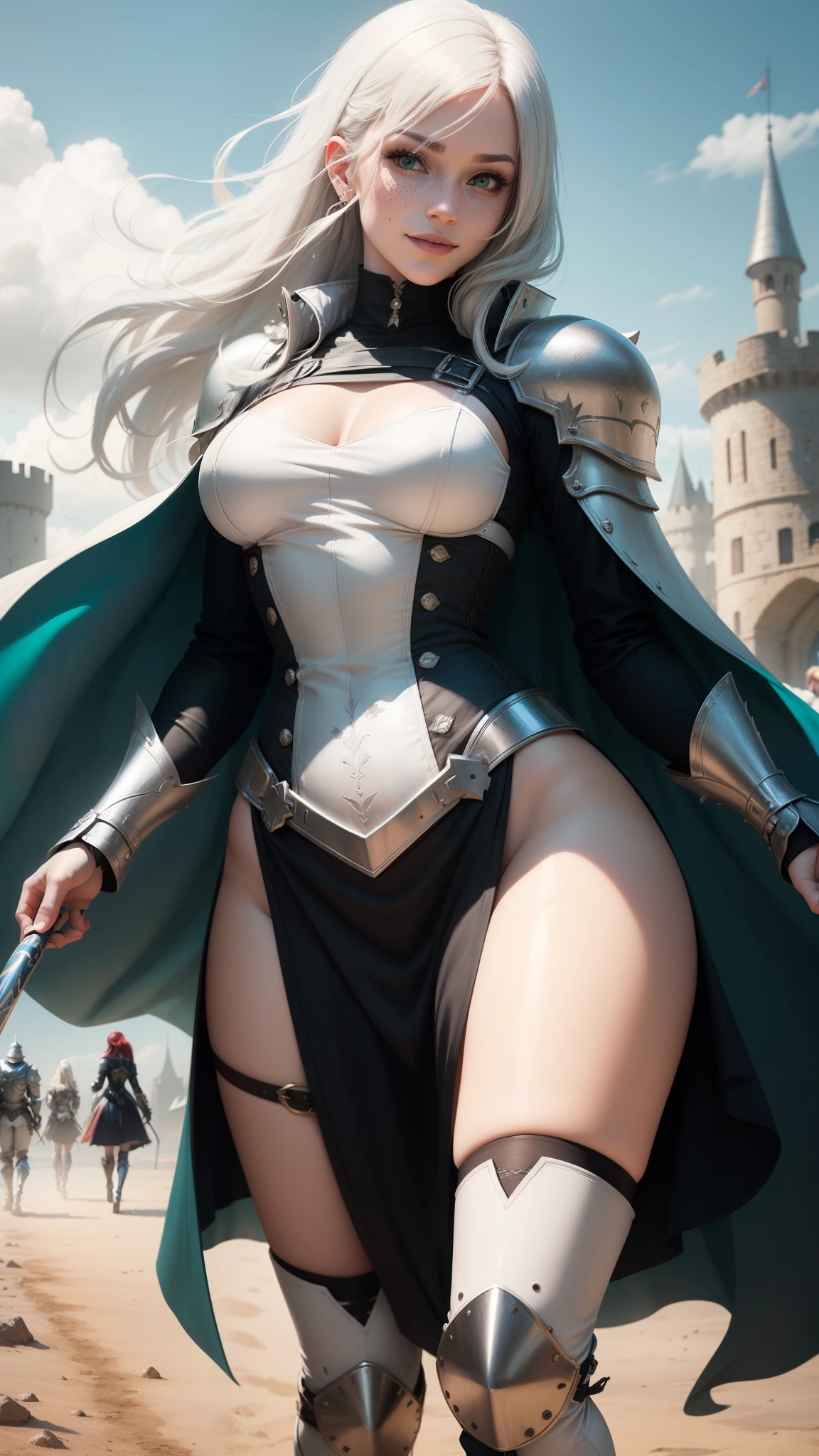 gwen tennyson,yorha 2b,tracer,erza scarlet,overwatch,atelier ryza,close up,castle siege battle,tattoos,silver and white plugsuit,white short sleeve knight top,short sleeve knight full plate armor,long knight skirt,steel knight corset,knee long hair,queen makeup,green eyes,multicolored silver hair,long dress train,sexy smile, freckles,beautiful girl,silver thigh high boots,large breasts,8k,ultra detailed,realistic,fantasy art,silver knight uniform,queen gown dress,hair pin,ear piercings,templar hand and neck jewelry,(weather:windy),1girl,long sapphire knight coat,battlefield,holding a war banner,