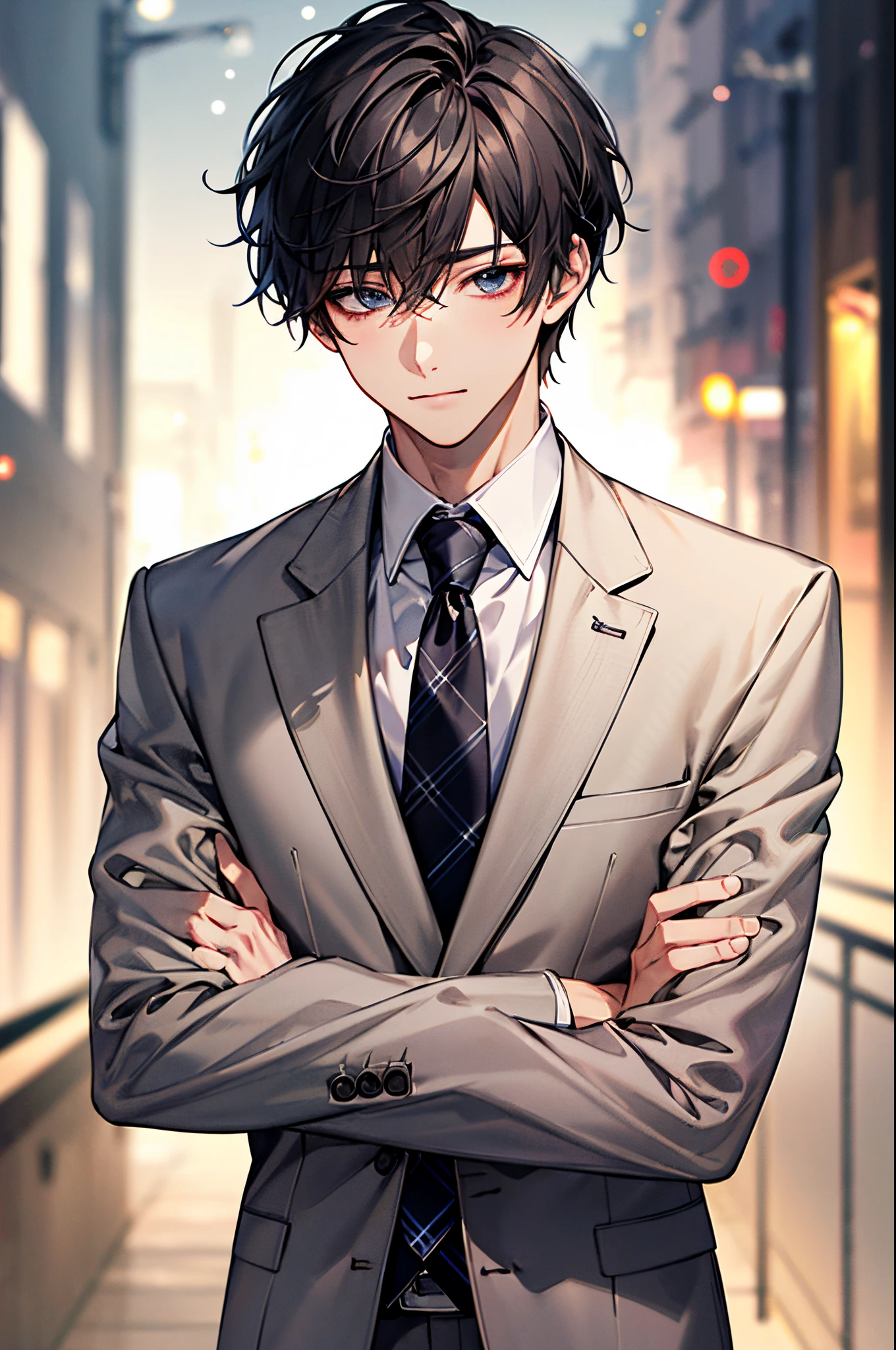 Masterpiece, best quality, high quality, ultra detailed, 1boy, face focus, adult, suit, jacket, white shirt, tie, pants, best quality, face detail, detail background, background bokeh
