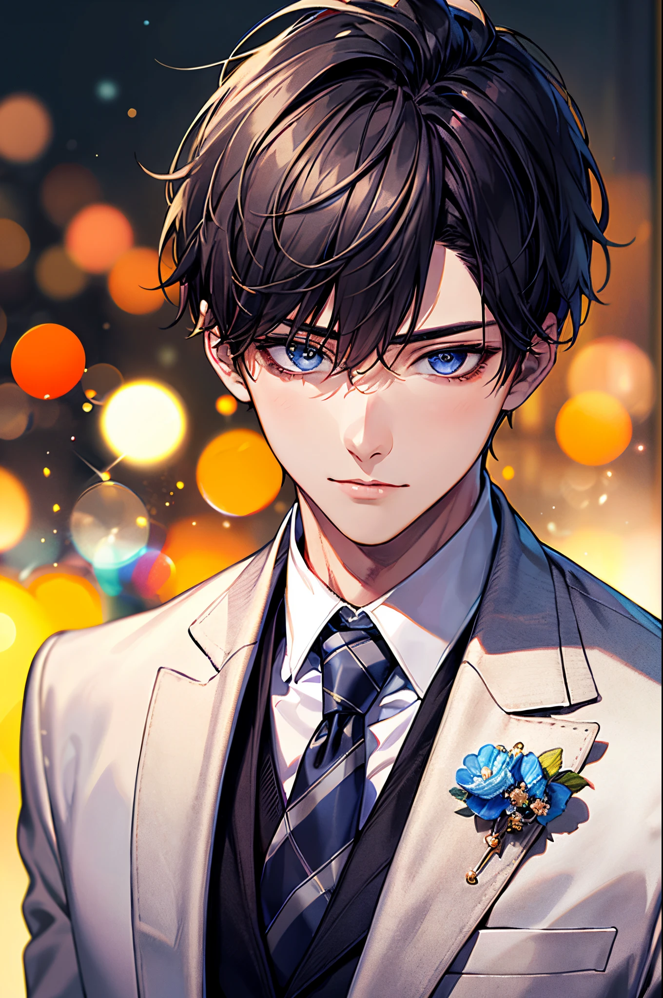 Masterpiece, best quality, high quality, ultra detailed, 1boy, face focus, adult, suit, jacket, white shirt, tie, pants, best quality, face detail, detail background, background bokeh