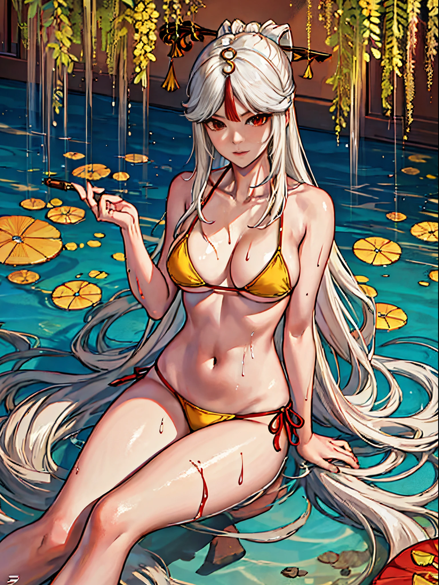 UHD,textured skin, high details, anatomically correct,SOLO,(1 Female,red eyes,white long hair with a golden hairpin),(Wearing A see-though cheongsam)(White Swimunit style:1.4),(Wearing black Stockings and black long gloves:1.7),(Spreading legs:1.7),(Lying on the bed in The chinese classic room),(hands behind her head:1.7)，(Shy:1.7)(full blush:1.4)
