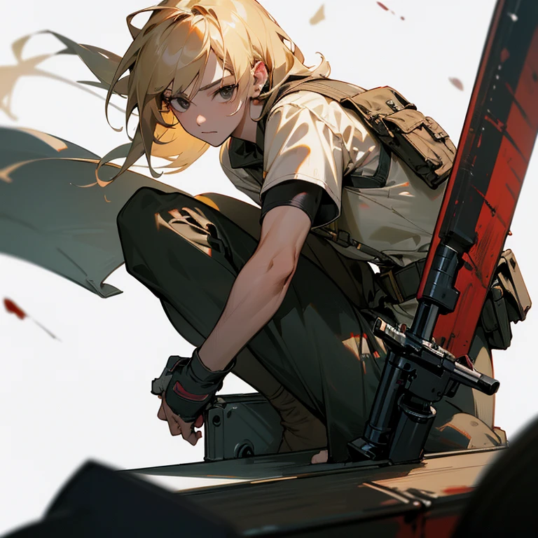 Best quality,masterpiece,ultra high res,(photorealistic:1.4)1girl,white background,solo,blood,arm guards,simple background,male focus,looking at viewer,black eyes,tabi,floating hairfull body,, (gun:1.3), holding gun, dirty blonde,,upper body,cargo shorts,sitting,
