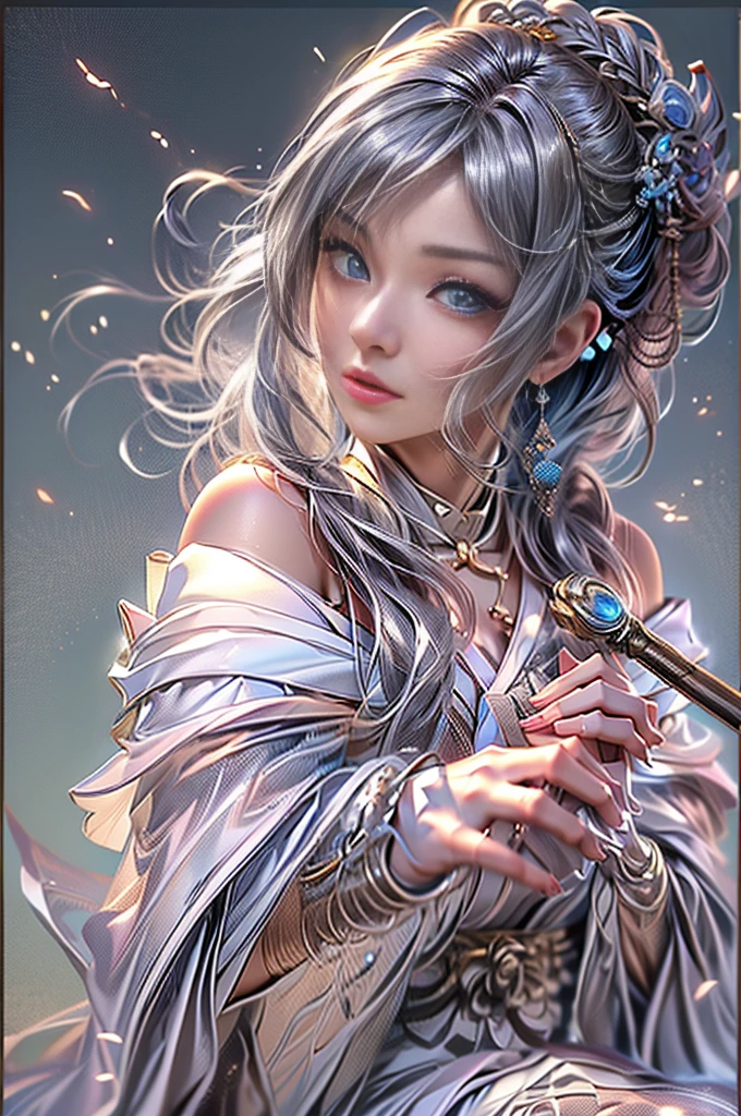 (Photoreal Stick:1.4, masutepiece:1..3, 8K), top-quality, masterpiece, 超A high resolution, Perfect dynamic composition, Professional camera work, Grow Light Effect, Mystical portrait, Cinematic Light, Highly detailed skin and facial texture:1.3, The ultra-detailliert, A detailed eye, (Ring of Fire, water wave, The wind blows, holding an cane), (myterious:1.3, Fanciful:1.2, tradition:1.2, majestueux:1.2), 1girl in, 25-years old, cute and sexy slim goddess, Fair skin, (Enraptured look:0.9, Totally captivates you:1.0), (silver japanese kimono:1.3 off shoulder), (voluptuous breasts:0.9), (Backshots, Calm pose), (Beautiful blue eyes, Eyes that feel beautiful eros:0.85), Sexy face:0.4, (A mouthfeel that feels beautiful eros:0.85), ((Too cute beauty:0.9)), Fantastic background
