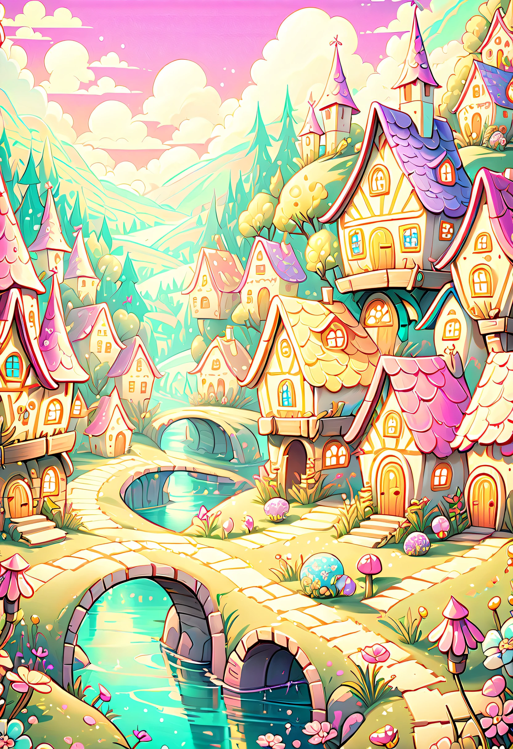 (Whimsical cyber fairy grunge village illustration:1.3), Grunge elements effortlessly blend with fairy tale aesthetics, (((The image 、It represents adorable and cute scenes decorated with adorable and cute illustrations.:1.2))), (((Main subjecteticulously painted paintings depict the charm of a fairy village:1.4))), A vibrant and fun fusion of pastel colors,  Edgy cyber-inspired elements, (A clearly charming and well-worn fairy house:1.1), (((Exude a high level of quality:1.3))), (((A fascinating world of intricate detail:1.3))),