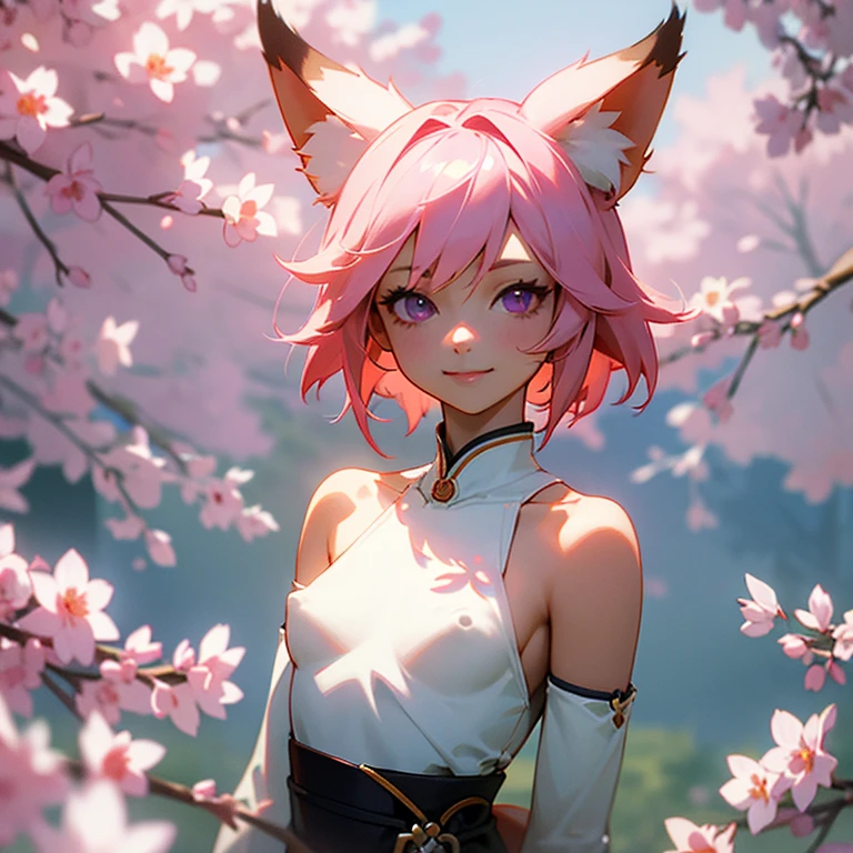 1girl, realistic, (looking at viewer:1), (ulzzang-6500:0.66), thighs, bare legs, dappled sunlight, best quality, ultra high res, (photorealistic:1.4), YaeMiko, fox ears, short hair, pink hair, yae_sakura, jewelry, cherry blossoms, (smile:1), bare_shoulders, hair_ornament, purple_eyes, , detached_sleeves, , detailed eyes,, (light smile:1), , (small breasts:1.4), , (bare upper body:1.4), , (puffy nipples:1),, arms behind back,