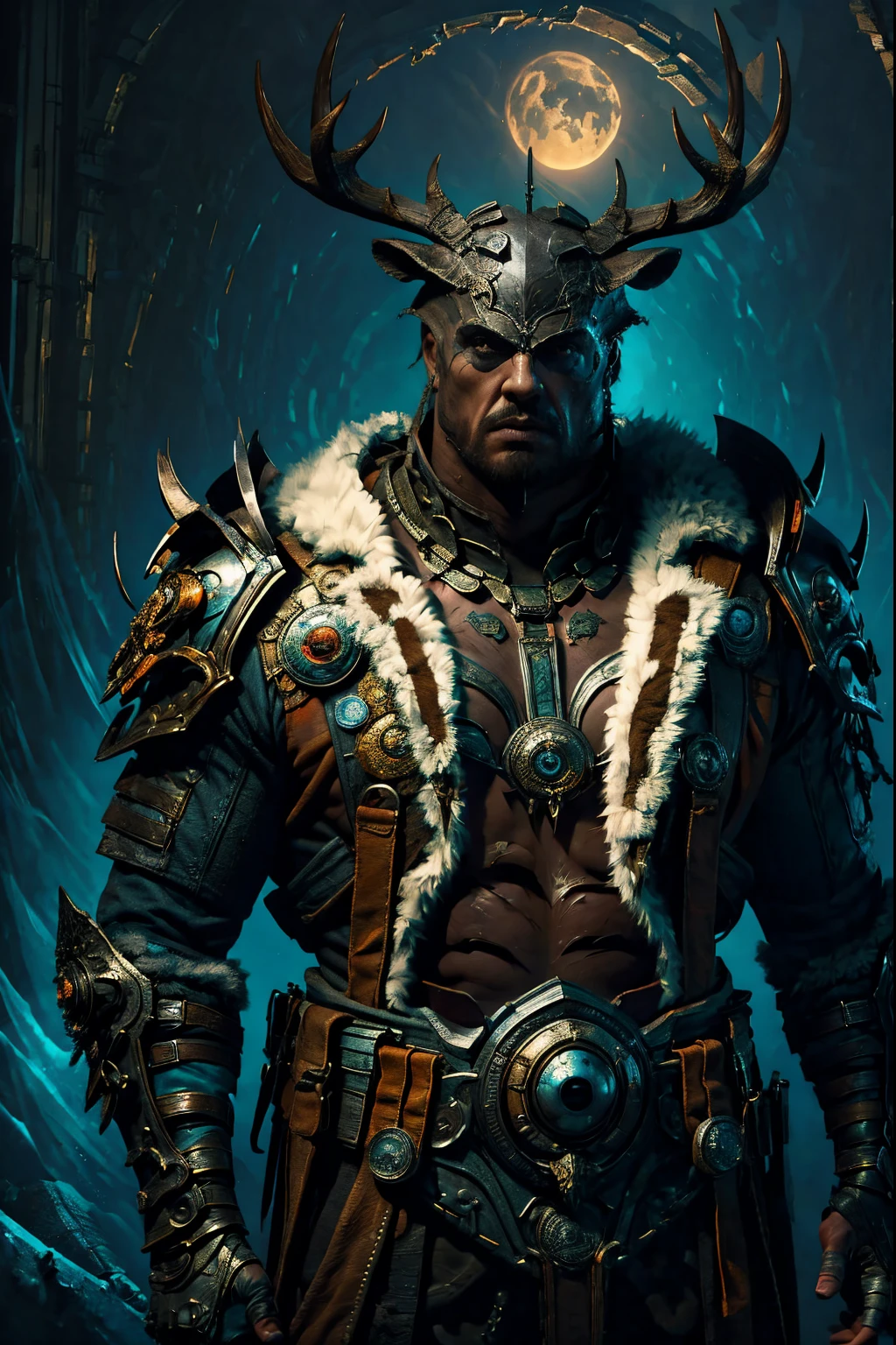 's, gothic art, lightand shade contrast, Standing painting, estimate, holland angle, emphasis lines, tmasterpiece, acurate, Anatomically correct, A high resolution, Best quality at best, super detailing, Award-Awarded,D14BL0 style druid,humanoid monster man,Be physically fit,upper part of body,Rough face,There no armor,animal skin wrapping body,Get along with bears and other animals, eagle and deer,Epic war fantasy digital art,(greg rutkovsky:0.8), (cyan and orange:0.4),People drawing, Standing painting