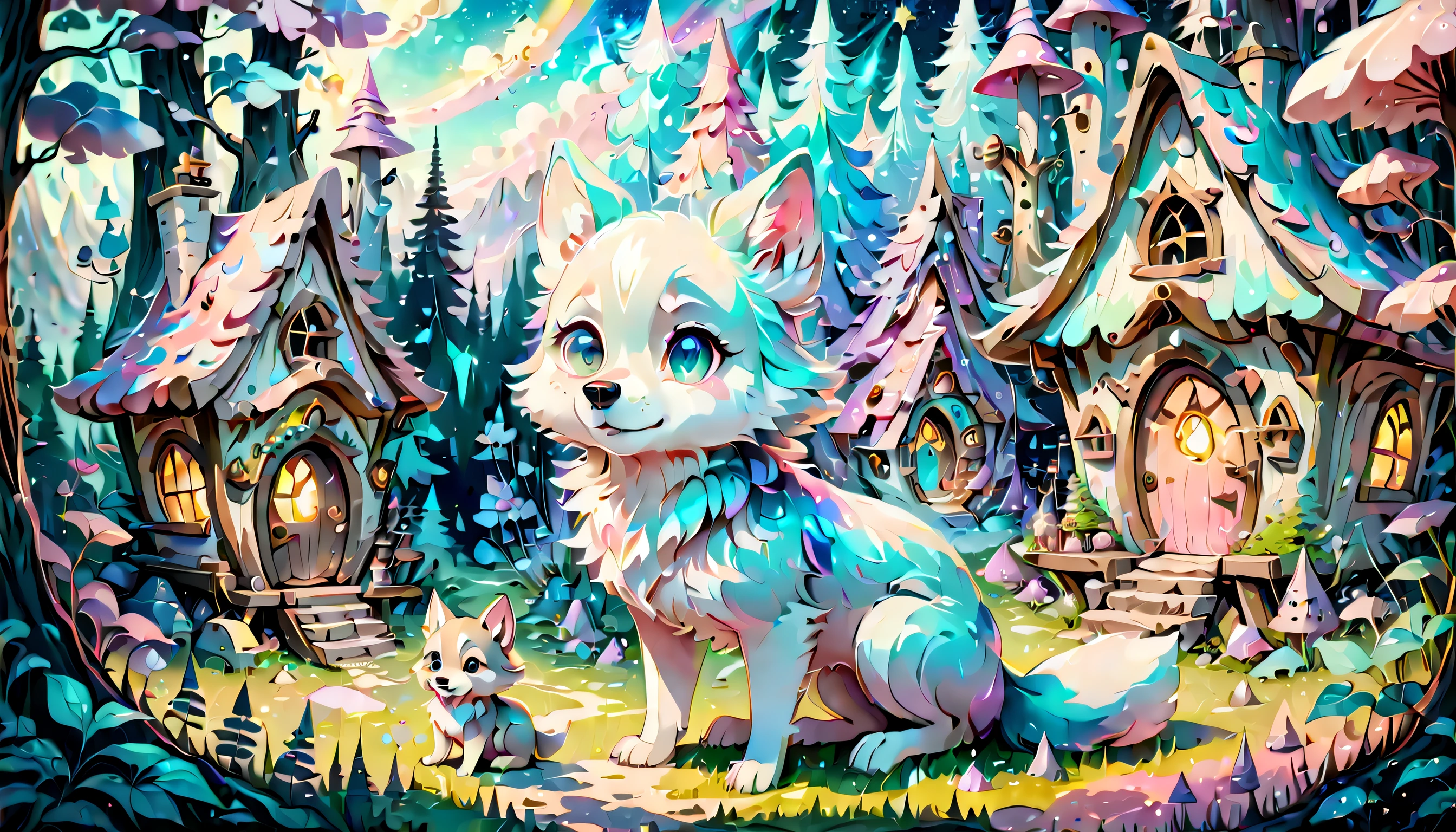 PEEpicLand Fairy tale style fairy village illustration, Unparalleled sharpness and clarity, PastelColors, Cute, kawaii, lovely, Pretty, (((Radiosity rendered in stunning 32K resolution:1.3))),All captured with sharp focus, Highest Quality, hightquality, Stunning composition featuring a cute wolf pup, dim light, Showcasing the artist&#39;s skillful brushwork. amazing stylish magic wand,