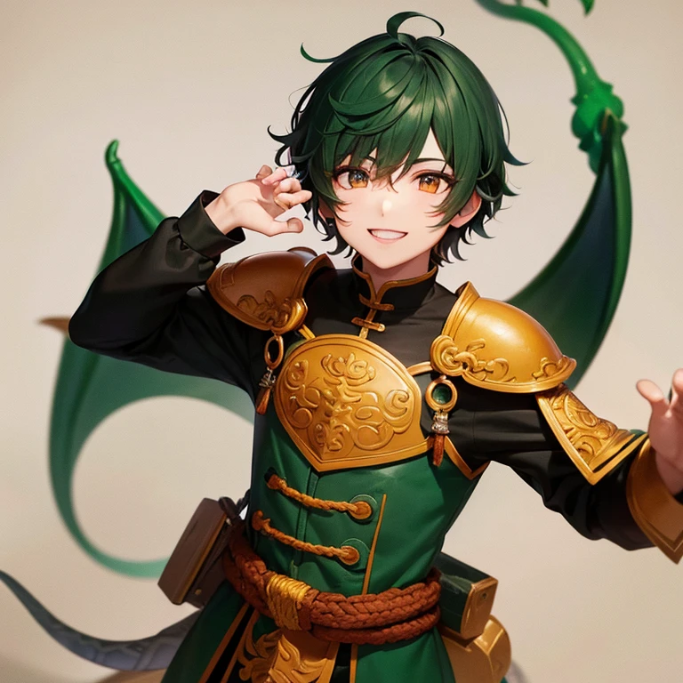 Chico cabello corto de color anaranjado ojos de color verde, smiling, He has orange dragon armor, amarillo y rojo.