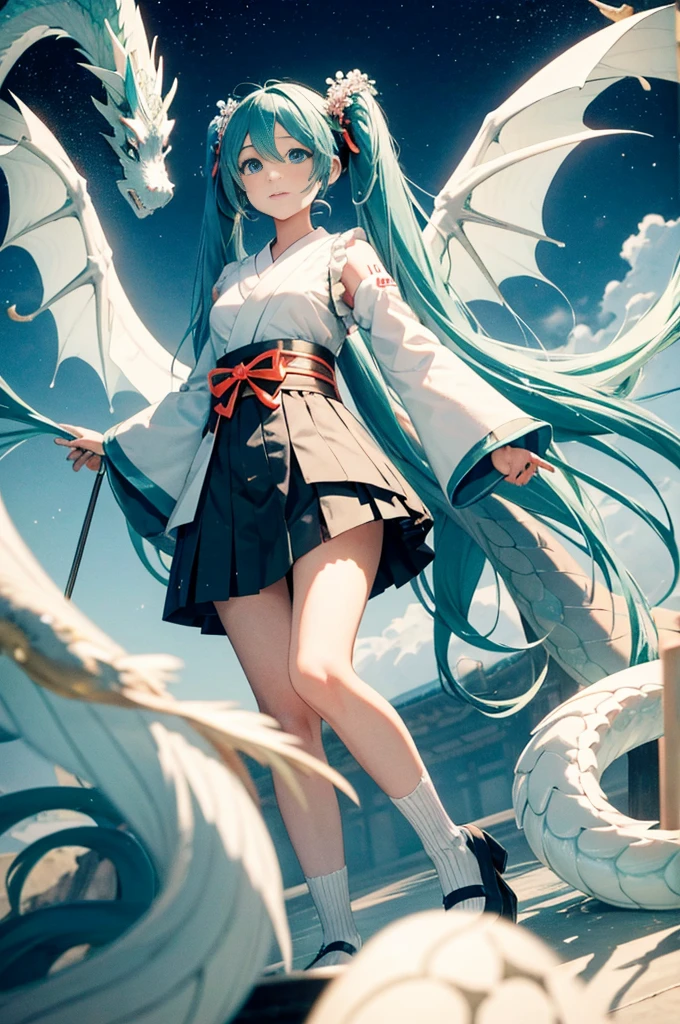 high-level image quality,Full limbs,complete face,complete fingers、miku hatsune,Japanese dress,shrines,Temple,kyoto,Dragon in the sky,Blue Dragon,dragon pokemon,