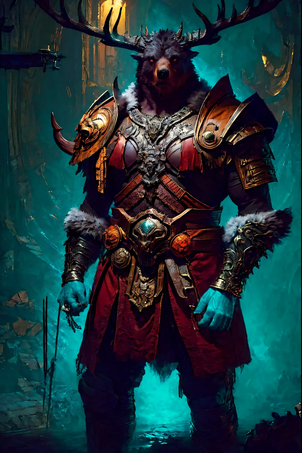 's, gothic art, lightand shade contrast, Standing painting, estimate, holland angle, emphasis lines, tmasterpiece, acurate, Anatomically correct, A high resolution, Best quality at best, super detailing, Award-Awarded，D14BL0 style druid，humanoid monster man，Be physically fit，upper part of body，Rough face，There  no armor，animal skin wrapping body，Get along with bears and other animals, eagle and deer，Epic war fantasy digital art，(greg rutkovsky:0.8), (cyan and orange:0.4），People drawing, Standing painting