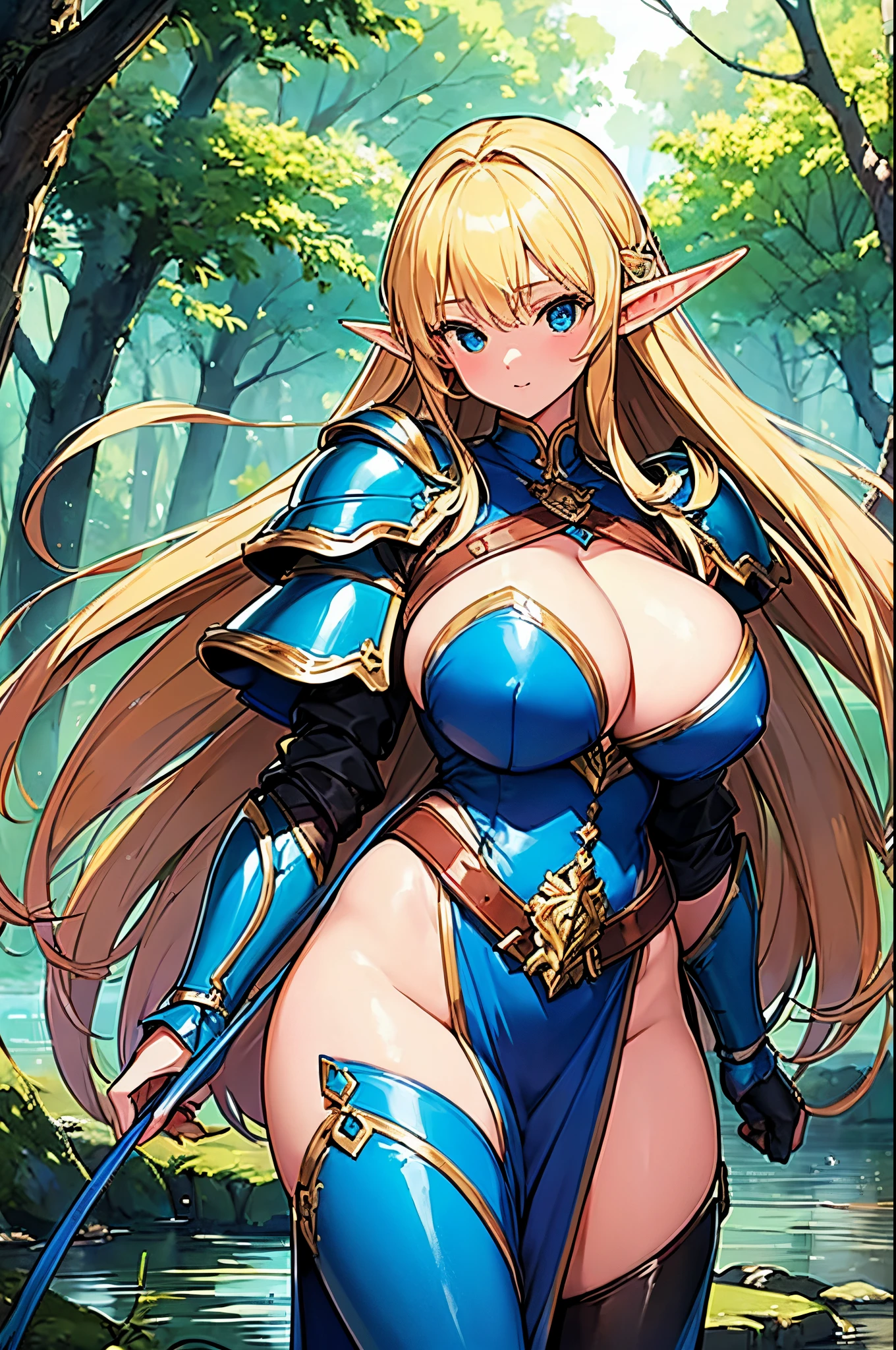 top-quality、ultra-detailliert、独奏、One Woman、elvish、ultra gigantic tits、a blond、The long-haired、(((Elf style high leg armor)))、Beautiful blue eyes、Anime style、forest pond background、belligerent look