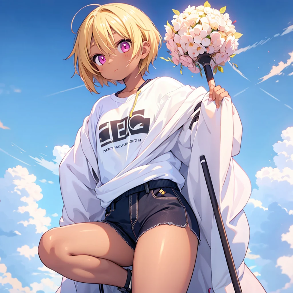 A tomboy girl with short blonde hair and pink eyes with dark skin, attractive body. Wearing casual clothes, fashionable clothes. Handsome face. ANIME STYLE. A SINGLE CHARACTER, ALONE, SOLO