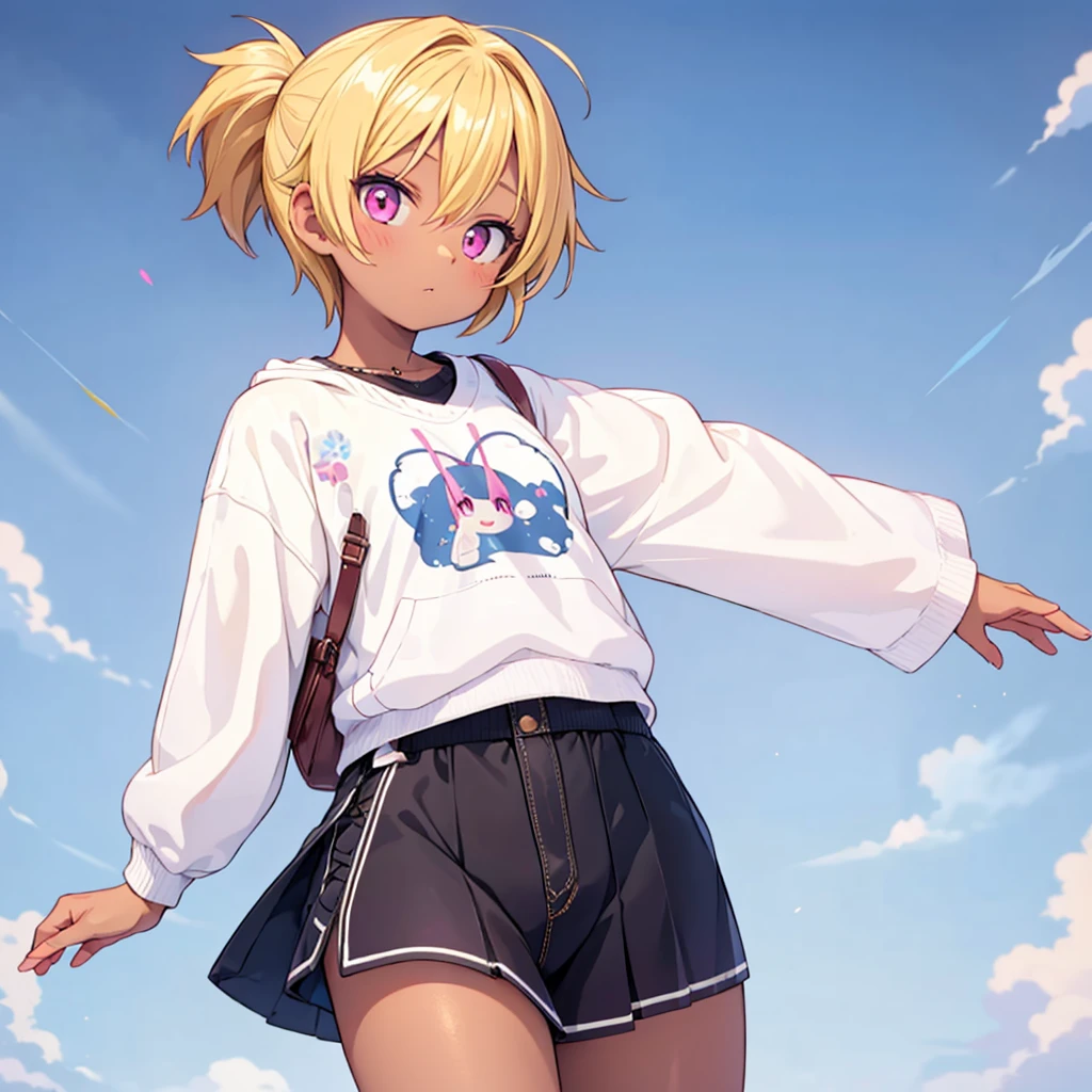 A tomboy girl with short blonde hair and pink eyes with dark skin, attractive body. Wearing casual clothes, fashionable clothes. Handsome face. ANIME STYLE. A SINGLE CHARACTER, ALONE, SOLO