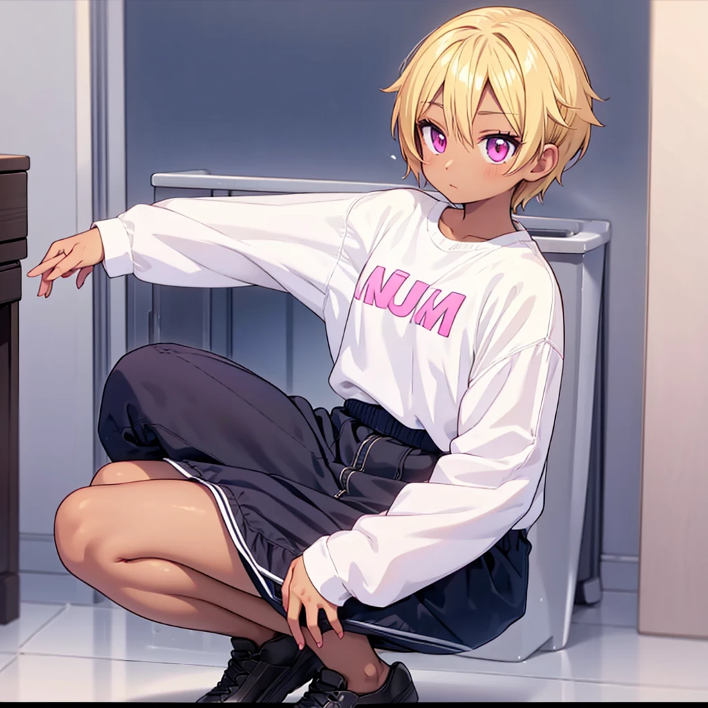 A tomboy girl with short blonde hair and pink eyes with dark skin, attractive body. Wearing casual clothes, fashionable clothes. Handsome face. ANIME STYLE. A SINGLE CHARACTER, ALONE, SOLO
