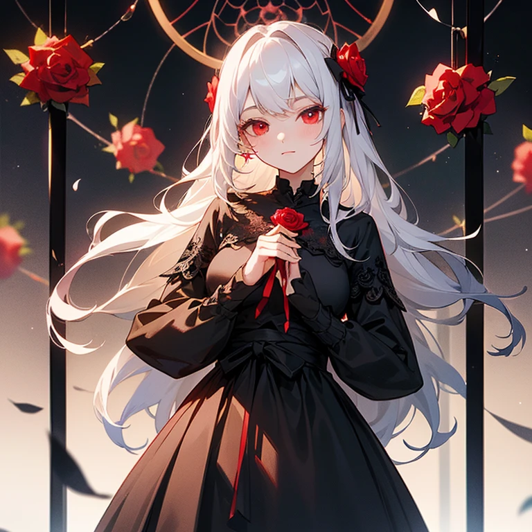 (best quality, masterpiece), (1girl, solo, black dress, standing , looking at viewer, white hair, red eyes, holding rose, closed mouth, upper body), (red dreamcatcher behind, red flower, )