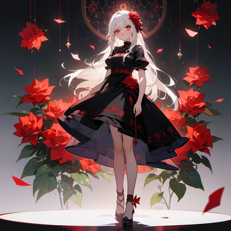 (best quality, masterpiece), (1girl, solo, black dress, standing , looking at viewer, white hair, red eyes, holding rose, closed mouth, upper body), (red dreamcatcher behind, red flower, )