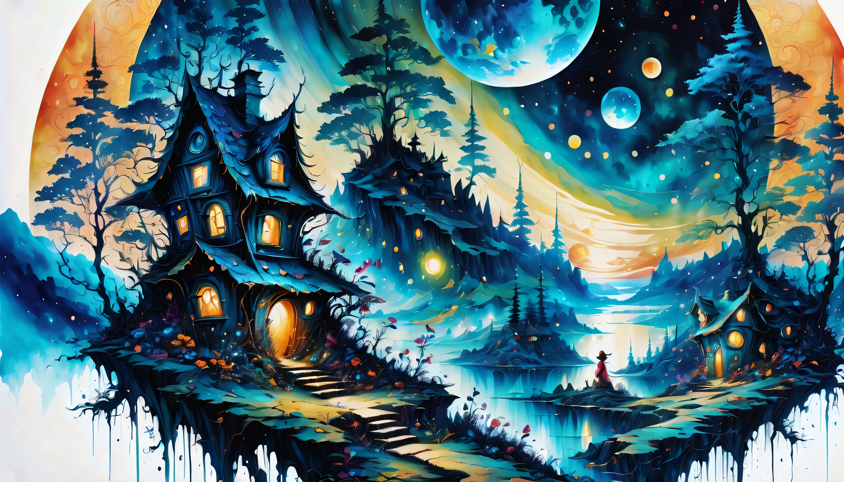 Stunning composition featuring a fairy village woman, Elegantly juxtaposed against the backdrop of the cosmic sky, The fantastic glow of the moon and the vivid colors of the earth, Image with multiple exposure effect, painterly、a picture、Media mix in illustration, Amazing sharpness and unparalleled clarity, Captivating and breathtaking details that look almost unrealistic, Breathtaking details make it extremely attractive, Brush stroke techniques with exquisite details that are very unrealistic, Stunning brush stroke techniques with exquisite unrealistic details, Gel ink craft dark cyan full color, crazy beautiful shine, Add impressive high contrast scenes, Overall amazingly beautiful, Amazingly accurate and elaborate throughout, Overall represents a stunning beautiful visually feminine enchanting watercolor masterpiece, Crazy shine further enhances the otherworldly atmosphere,