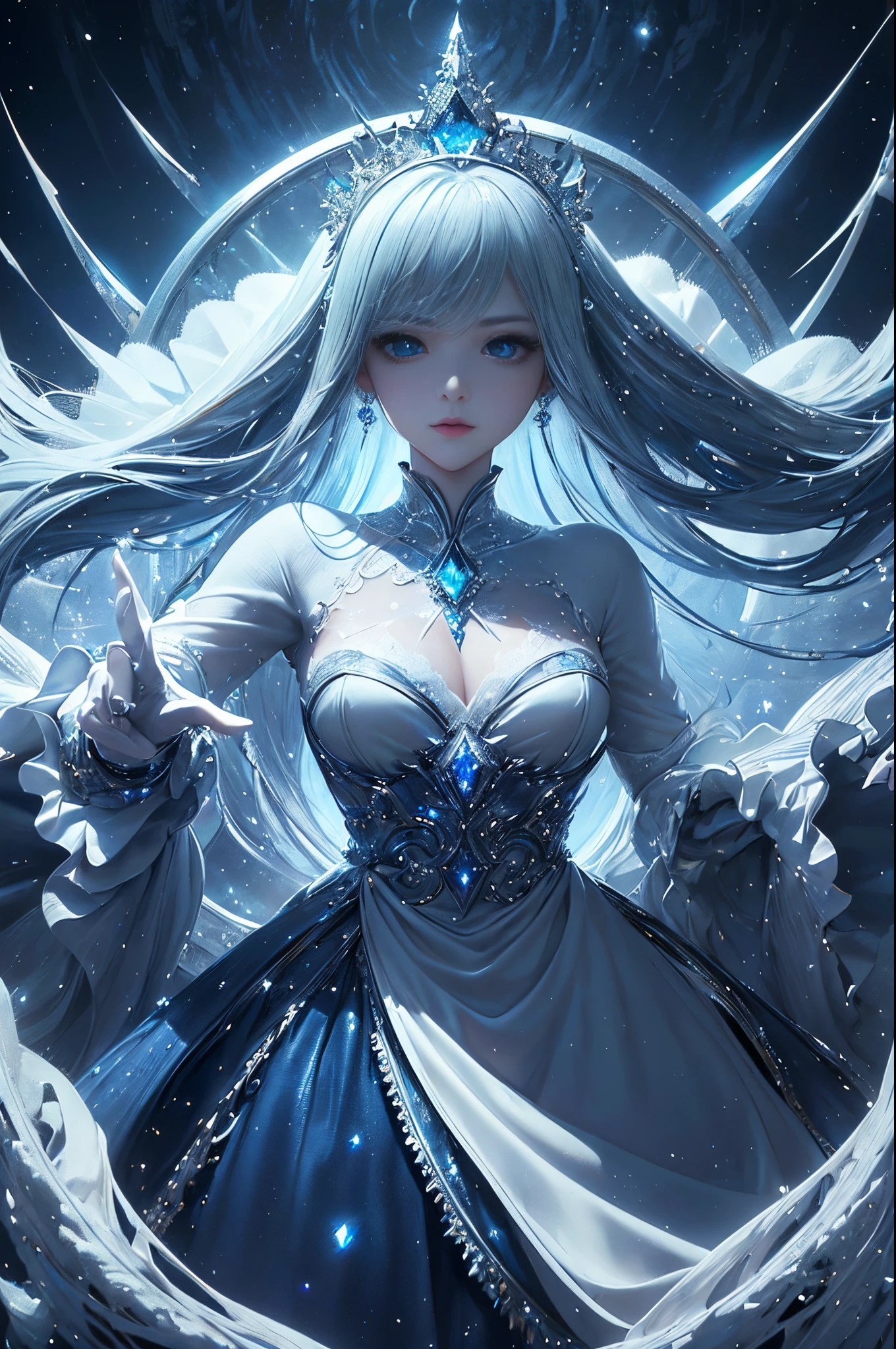 platinum tone、((masterpiece)))、(((top-quality)))、((ultra-detailliert))、(A hyper-realistic)、(highly detailed CGillustration)、light Particle、Halo、Official art、Fractal Art、snow palace、Moscow at the beginning of the 20th century、blizzard、Full body luminescence、Queen of snow、Cool Beauty、Adult woman in her 40s、Slender eyes、sharp gaze、sapphire eyes、sophisticated menegance、Gorgeous beauty、Activation of blizzard magic that freezes everything、gorgeous dress、diamond encrusted solo、Perfect Angle、perfect-composition、dynamicposes