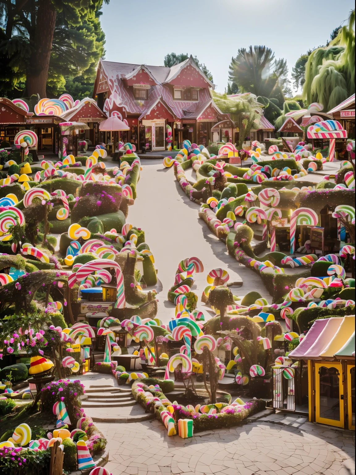 (RAW Photos, Best Quality), scene inside forest, ((The World of Fairy Tales)), House of sweets, (((A house made of candy and sweets, colorful appearance))), pleasant village scenery, awardwinning photo, detaile, 8K分辨率, Professional Lighting,