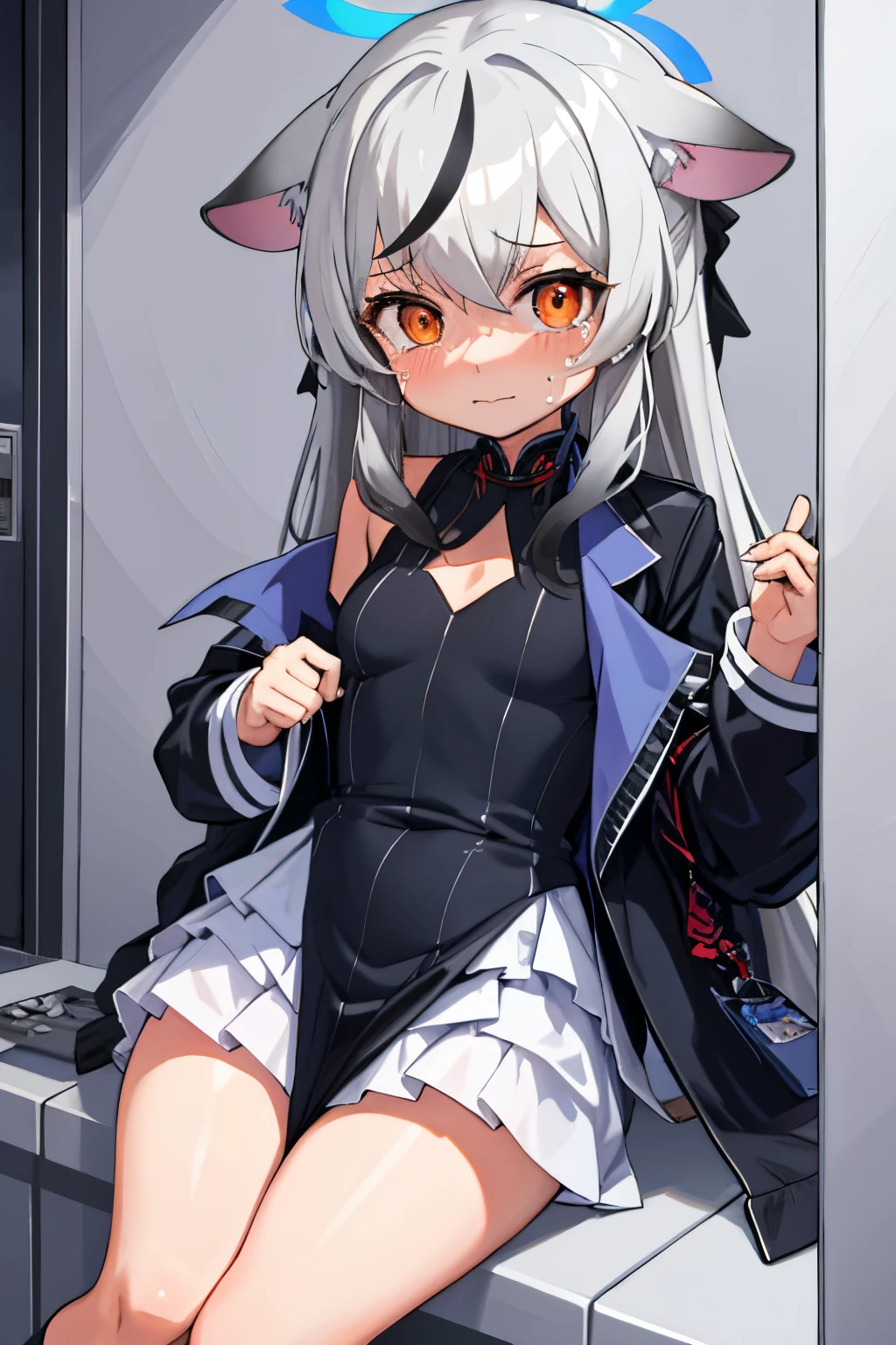 tmasterpiece， best qualtiy， ultra - detailed， 1girll，Gray hair Kokona， inside in room， Orange eye， ：3，the face， tears,   closeup cleavage,  at school