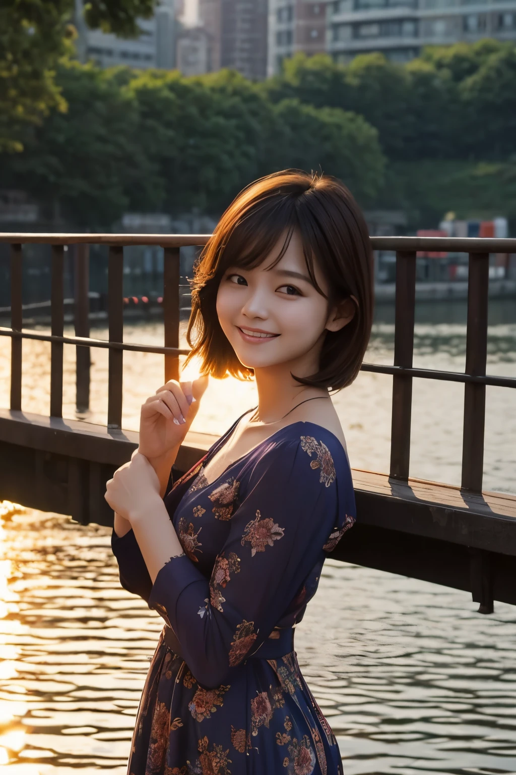 Gangnam，Water，small bridges，small boateautuful Women，ssmile，brunette color hair，the setting sun