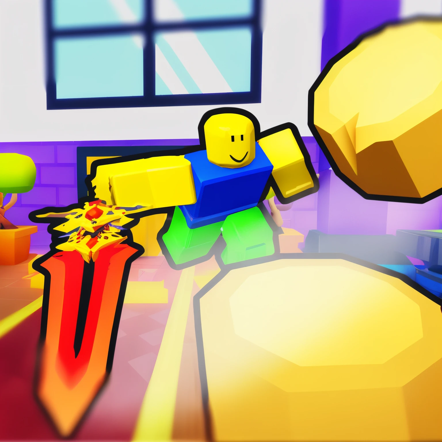 have an image，A man holding a huge object, Roblox screenshot, Robles, epic art style, Robrock avatar, Jump Jump Heroic Attack, no watermark, heroic jumping pose, super super dynamic dynamic pose, no watermark, Blockchain, jumping at the viewer, Animation-style rendering, Game style 8K, stylistic blur, Gerbru