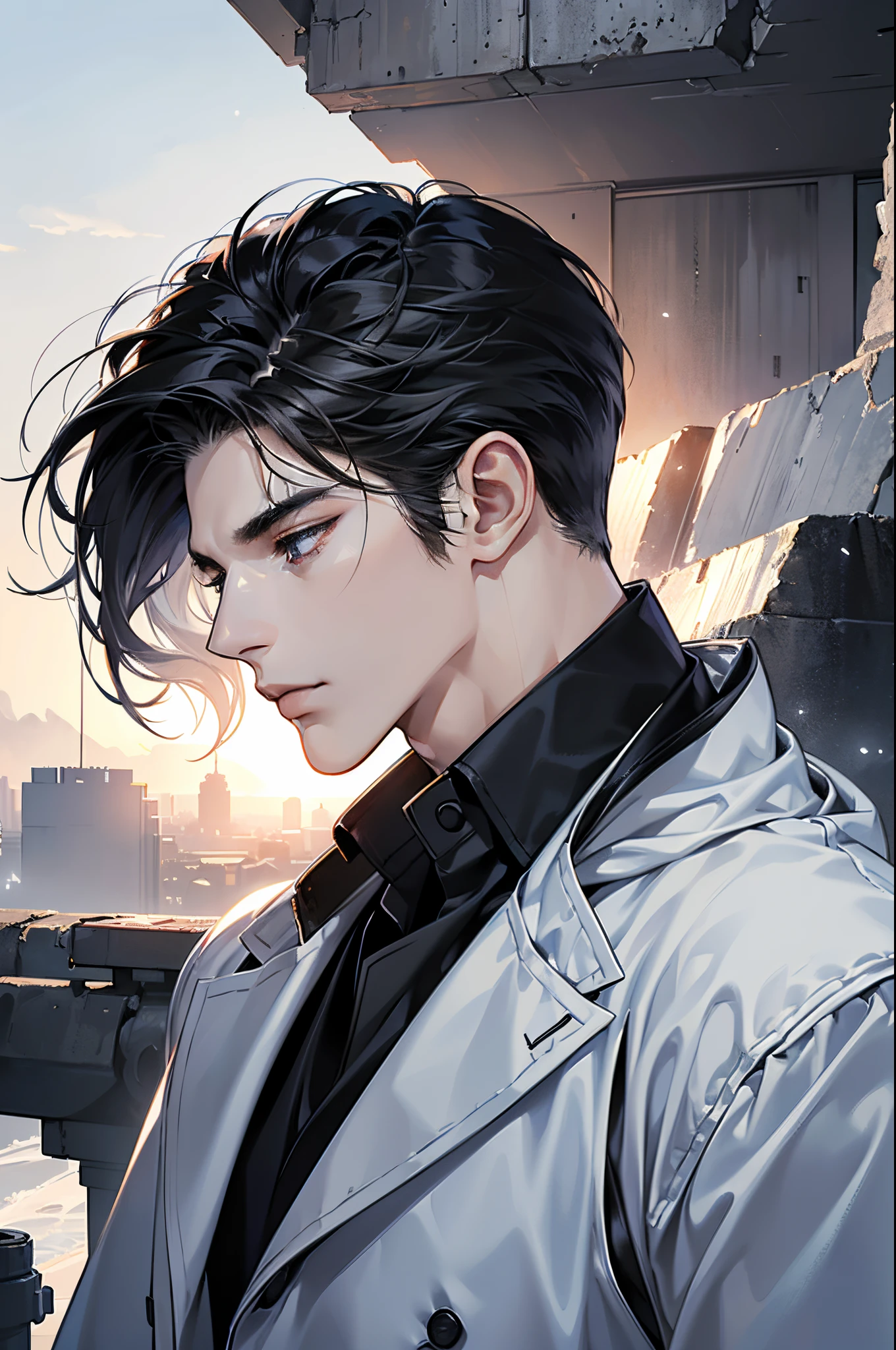 (best quality detailed image beautiful image 8K photorealistic dramatic lighting 1:1) (digital art digital illustration) (camera focused on face in profile) (cold colors dim lighting) Art Manhwa 25 year old man very handsome black hair white and black clothes eyes black people (dreamy expressionless look, perfect face, perfect lines) walking in a chaotic dystopia setting