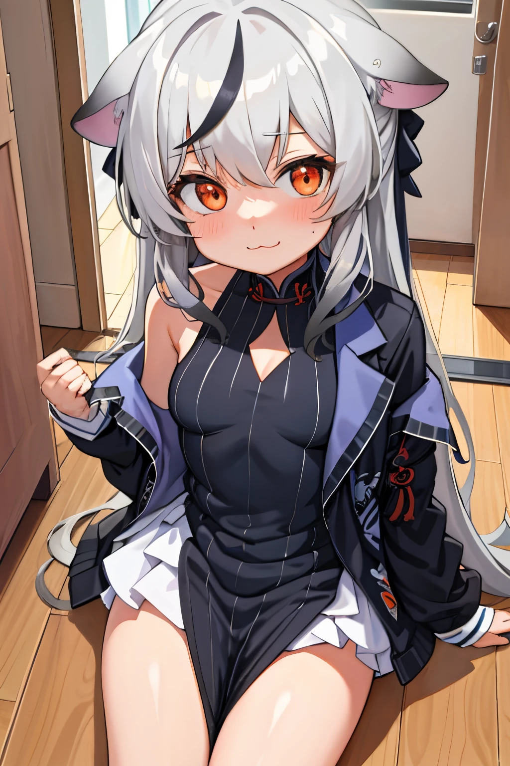 tmasterpiece, best qualtiy, ultra - detailed, 1girll,Gray hair Kokona, inside in room, Orange eye, :3,the face, closeup cleavage, at school