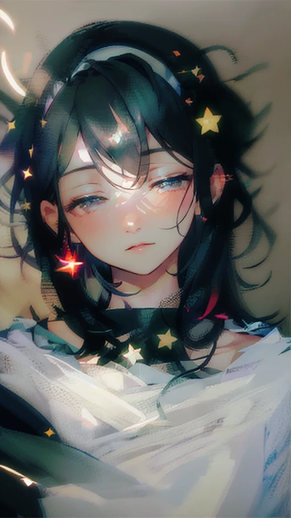 a close up of a woman with a headband with stars on it, with stars, with kind face, wearing angel halo, with accurate face, blurry image, tumblr, face picture, asian face, wearing angel halo covered face, with round face, face brightly lit, potrait, profile image, stars in her eyes, background heavenly, non blurry