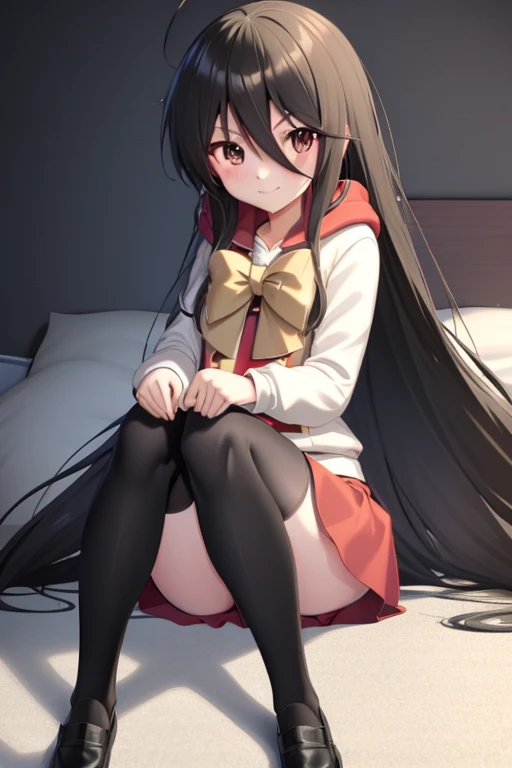 masutepiece, Best Quality,the Extremely Detailed CG Unity 8K Wallpapers,
1girl in,Shana,Black hair long straight,Black eyes,Ahoge,a smile,red blush,Red hoodie,White shorts,black pantyhose king,Short boots