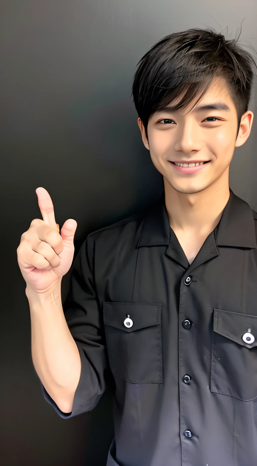 Japanese male nurse、年轻、Handsome face、twinks、which are full of confidence、thumb up、Wearing a black uniform、simple background
