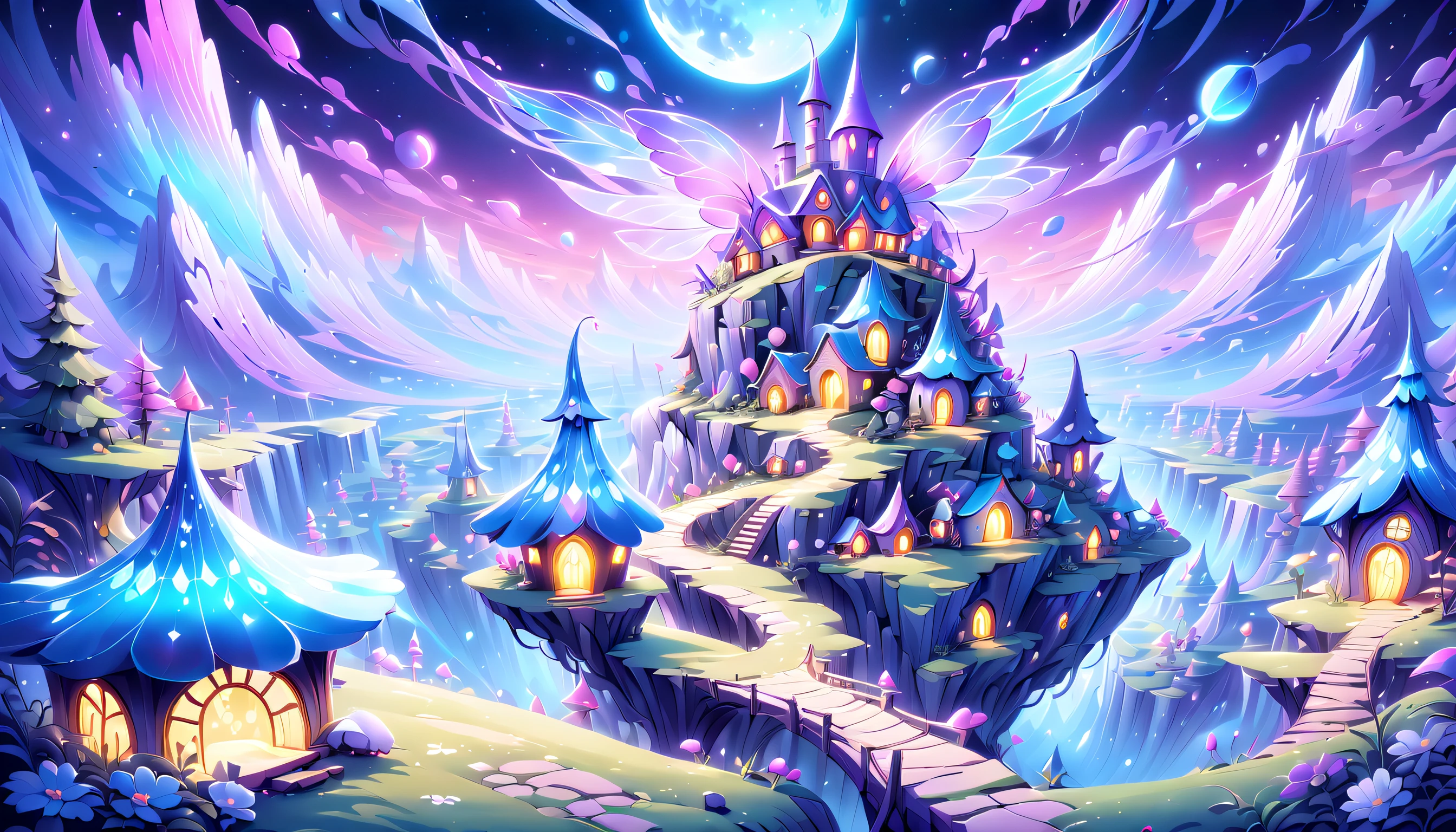 (((Stunning composition featuring a holographic rendered illustration of a cute fairy village:1.3))), Elegantly juxtaposed against the backdrop of the cosmic sky, The fantastic glow of the moon and the vivid colors of the earth, Image with multiple exposure effect, painterly、a picture、Media mix in illustration, Amazing sharpness and unparalleled clarity, Captivating and breathtaking details that look almost unrealisticBreath-taking details that are extremely attractive:1.3))), Brush stroke techniques with exquisite details that are very unrealistic, Stunning brush stroke techniques with exquisite unrealistic details, (((Add gel ink to create dark cyan full color:1.3))), crazy beautiful shine, Add impressive high contrast scenes, Overall amazingly beautiful, Amazingly accurate and elaborate throughout, Overall represents a stunning beautiful visually feminine enchanting watercolor masterpiece, Crazy shine further enhances the otherworldly atmosphere, Proof of the sensibility and delicate technique of a professional artist, (((Unparalleled sharpness and clarity:1.3))), (((Very beautiful detail shine:1.3))), (((Radiosity rendered in stunning 32K resolution:1.3))), (((All captured with sharp focus:1.3))), (((Highest detail quality:1.3))), (((high beauty quality:1.3))),