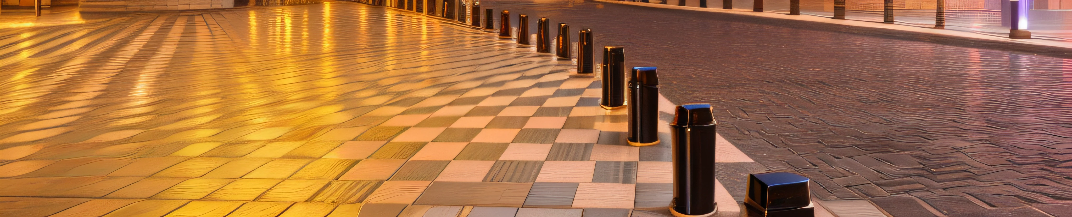 There  a street with a clock at night, pedestrian walkway, paved, Outcome, Wonderful, Floor tiles, Artistic interpretation, interesting angle, Beautiful images, A geometric masterpiece, Cube mixed stripe cut, stunning images, reflective chessboard, inlay, inlay, Cube Stripe Cut,  Wide and high viewing angle, concrete column