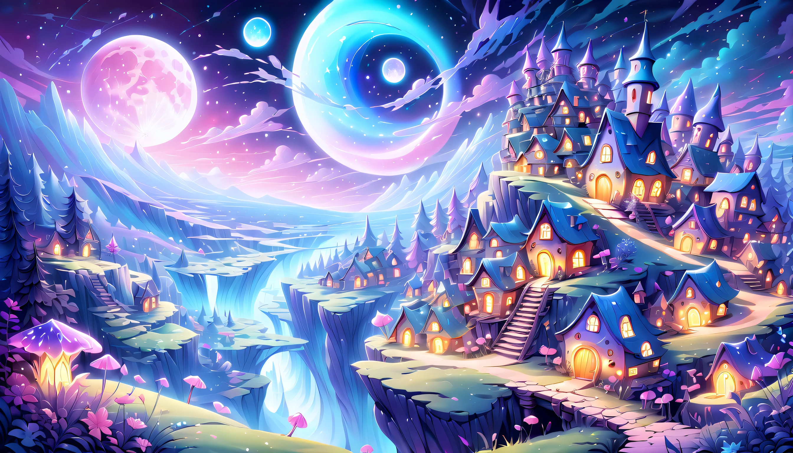 (((Stunning composition featuring a holographic rendered illustration of a cute fairy village:1.3))), Elegantly juxtaposed against the backdrop of the cosmic sky, The fantastic glow of the moon and the vivid colors of the earth, Image with multiple exposure effect, painterly、a picture、Media mix in illustration, Amazing sharpness and unparalleled clarity, Captivating and breathtaking details that look almost unrealisticBreath-taking details that are extremely attractive:1.3))), Brush stroke techniques with exquisite details that are very unrealistic, Stunning brush stroke techniques with exquisite unrealistic details, (((Add gel ink to create dark cyan full color:1.3))), crazy beautiful shine, Add impressive high contrast scenes, Overall amazingly beautiful, Amazingly accurate and elaborate throughout, Overall represents a stunning beautiful visually feminine enchanting watercolor masterpiece, Crazy shine further enhances the otherworldly atmosphere, Proof of the sensibility and delicate technique of a professional artist, (((Unparalleled sharpness and clarity:1.3))), (((Very beautiful detail shine:1.3))), (((Radiosity rendered in stunning 32K resolution:1.3))), (((All captured with sharp focus:1.3))), (((Highest detail quality:1.3))), (((high beauty quality:1.3))),