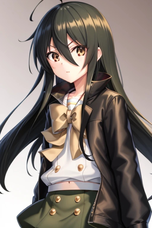 masutepiece, Best Quality,the Extremely Detailed CG Unity 8K Wallpapers, 
1girl in,Shana，Black hair long straight,Black eyes,校服,Green jacket,Ahoge,