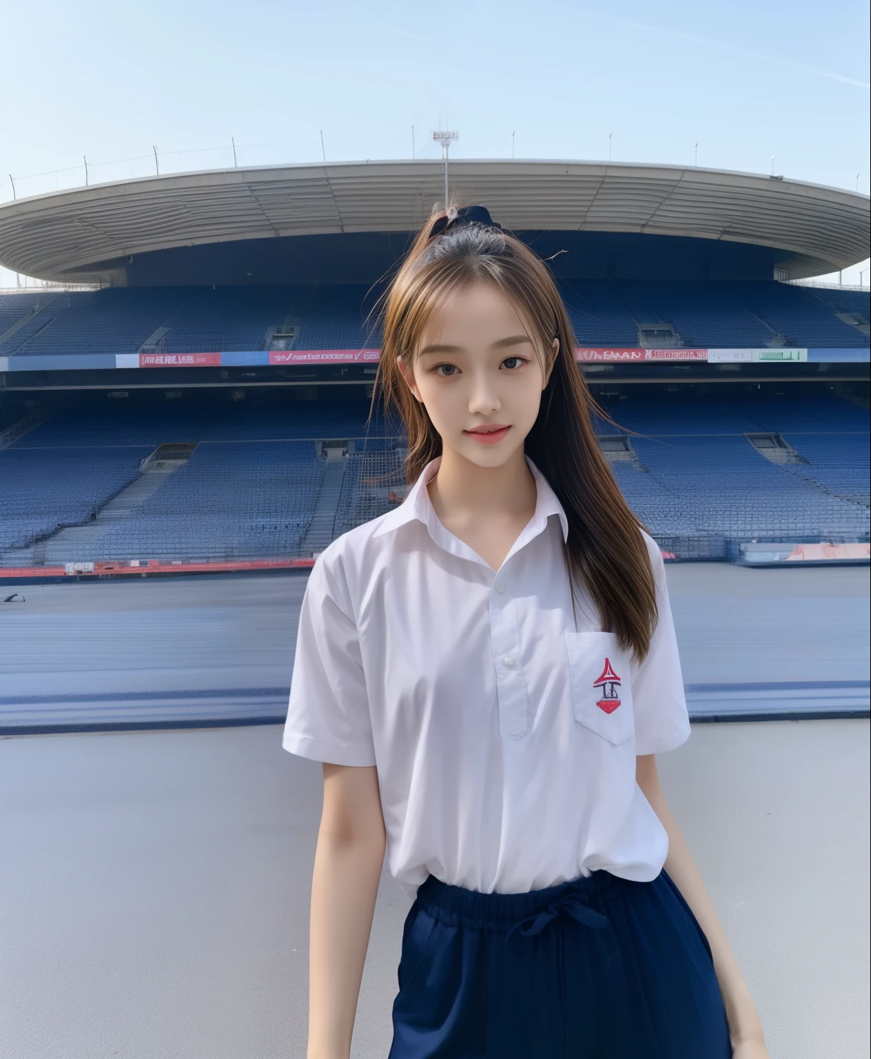 (bestquality,10,10,highres,masterpiece:1.2),ultra-detail,(Realistic,photorealistic portrait,photo-realistic:1.37),1 Cute girl in the football field,oily shiny skin,bara,light smile,BDclothelue shirt:1.3)),short sleeves,shirt, trousers.,(navy_long_Pants Track:1.1), ((Stadium Background:1.3)),dynamic angle,excited,face focus,Dynamic Poses,from behide,Ass Focus,masterpiece, bestquality, ultra realistic, hyper-detail, 8k resolution, RAW photo, crisp focus, ((Navy blue shirt:1.1)), short sleeves, Long Path, Perfect body, 2 mature women, 18yo, cinematic light,Blue sweatpants,Gymware,Correct anatomy,Complete body, Correct body, sharp face, Anatomically correct body, full entire body, Realistic gestures, long-haired, Realistic poses,Wear long shorts......................................,Long leg span,Shapely,Sculpting Girl, Slender Figure, mannequin mannequins, Shapely, Beautiful body,Blue sweatpants, Two girls kissing