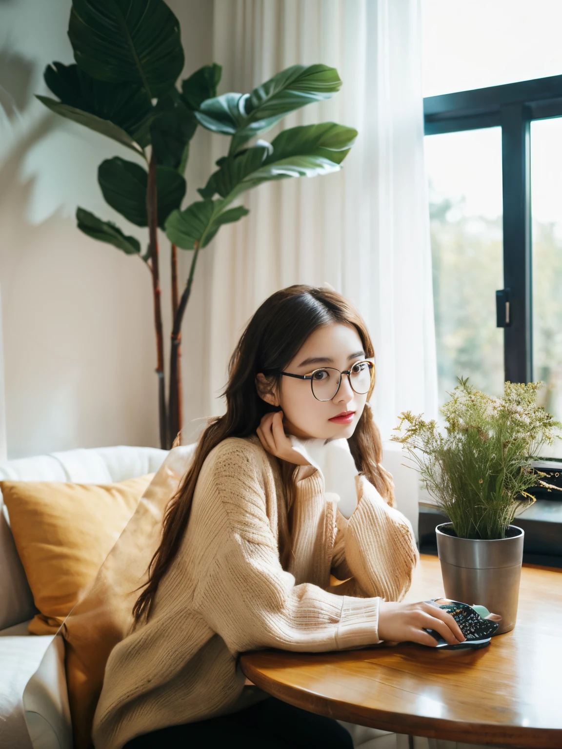 20Female Generation、wears glasses、relax、Eyes are on the hand、