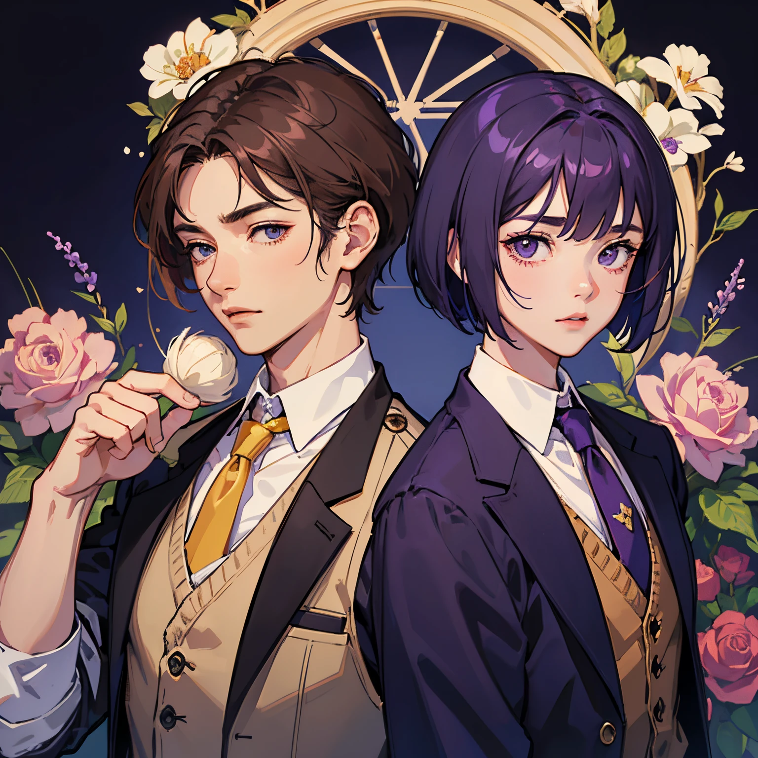 ​masterpiece、top-quality、Perfect body、delicate facial details、full bodyesbian、1 boy、独奏、Strong、a purple eye、chestnut bob hair、student clothes、blazers、Beige knitted vest、Purple tie